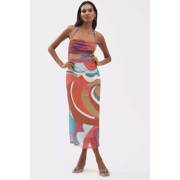 NEW By Anthropologie Square-Neck Halter Midi Dress Medium Petite